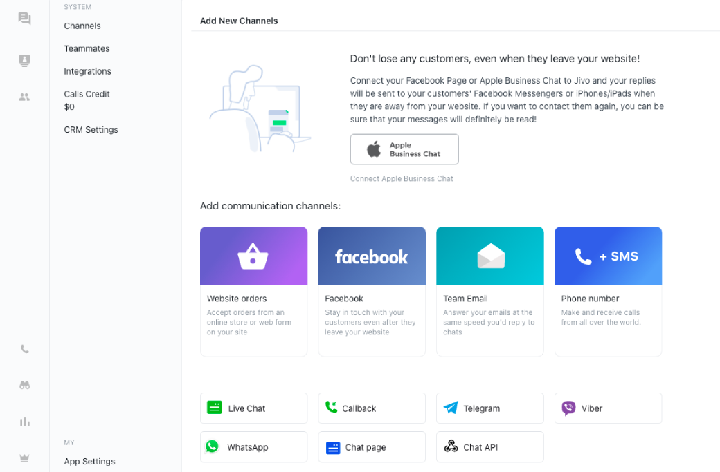 Option to add new communication channels on JivoChat platform